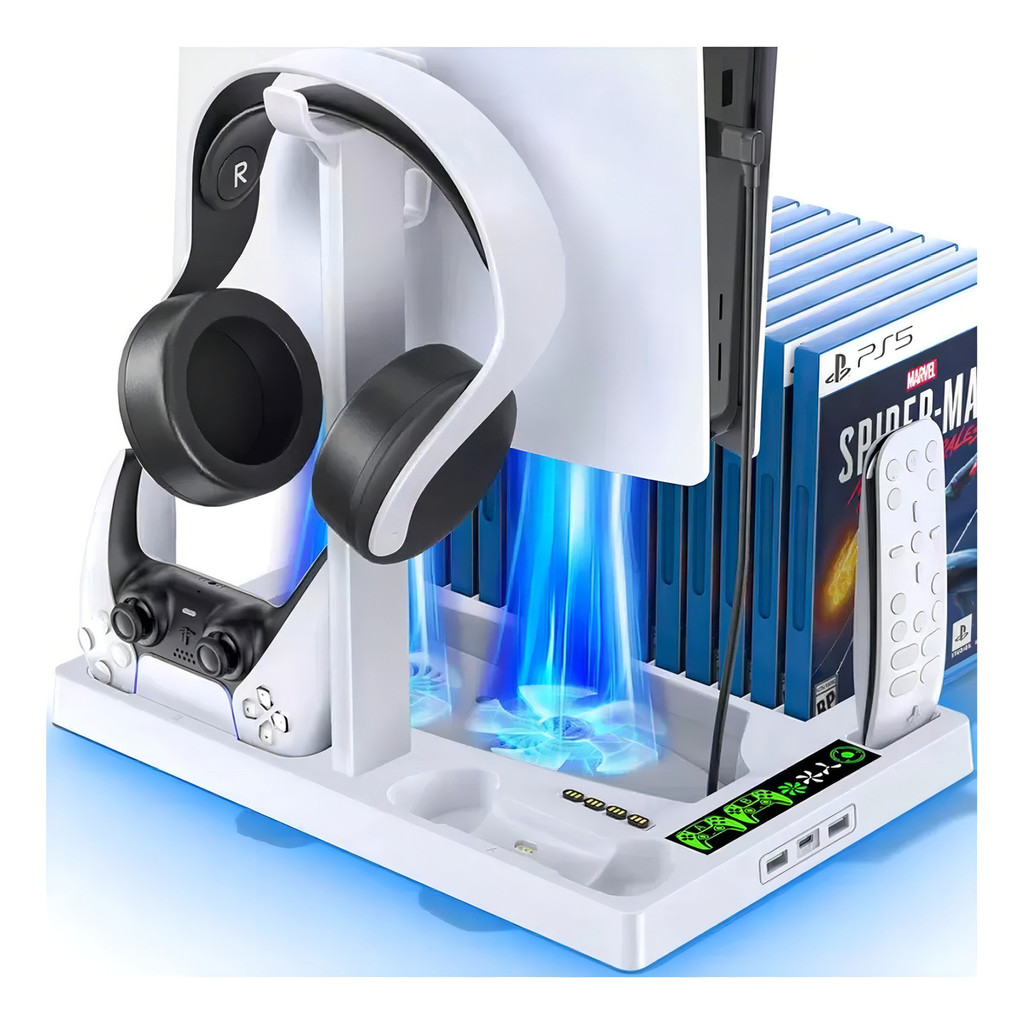 Suporte Cooler Ps5 C/ Carregador Duplo Controle Fone Base Cor Azul
