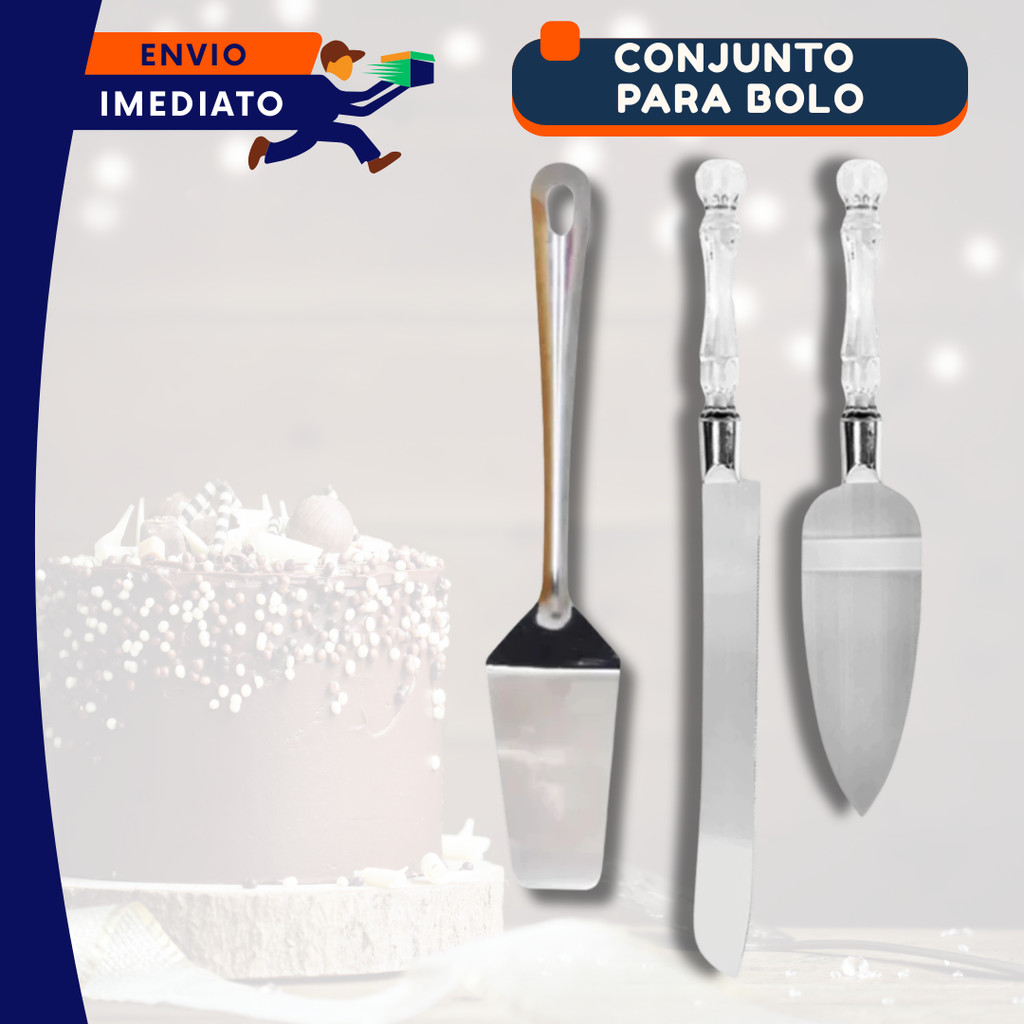 Jogo para Bolo Inox Cabo Transparente Faca e Espátulas mais Espátula Inox