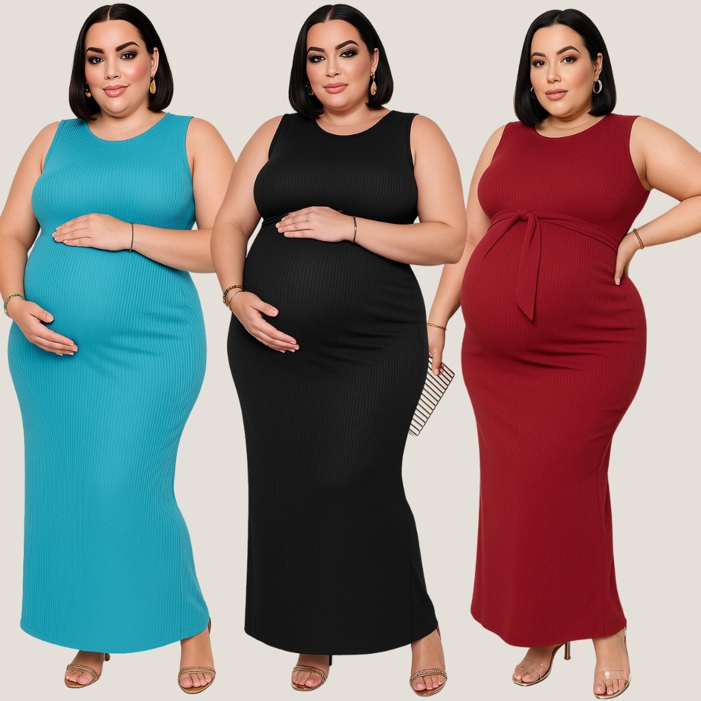 Vestido Feminino Regata Longo Plus Size para Maternidade Canelado Leve e Confortavél Moda Feminina Gravídas e Gestante