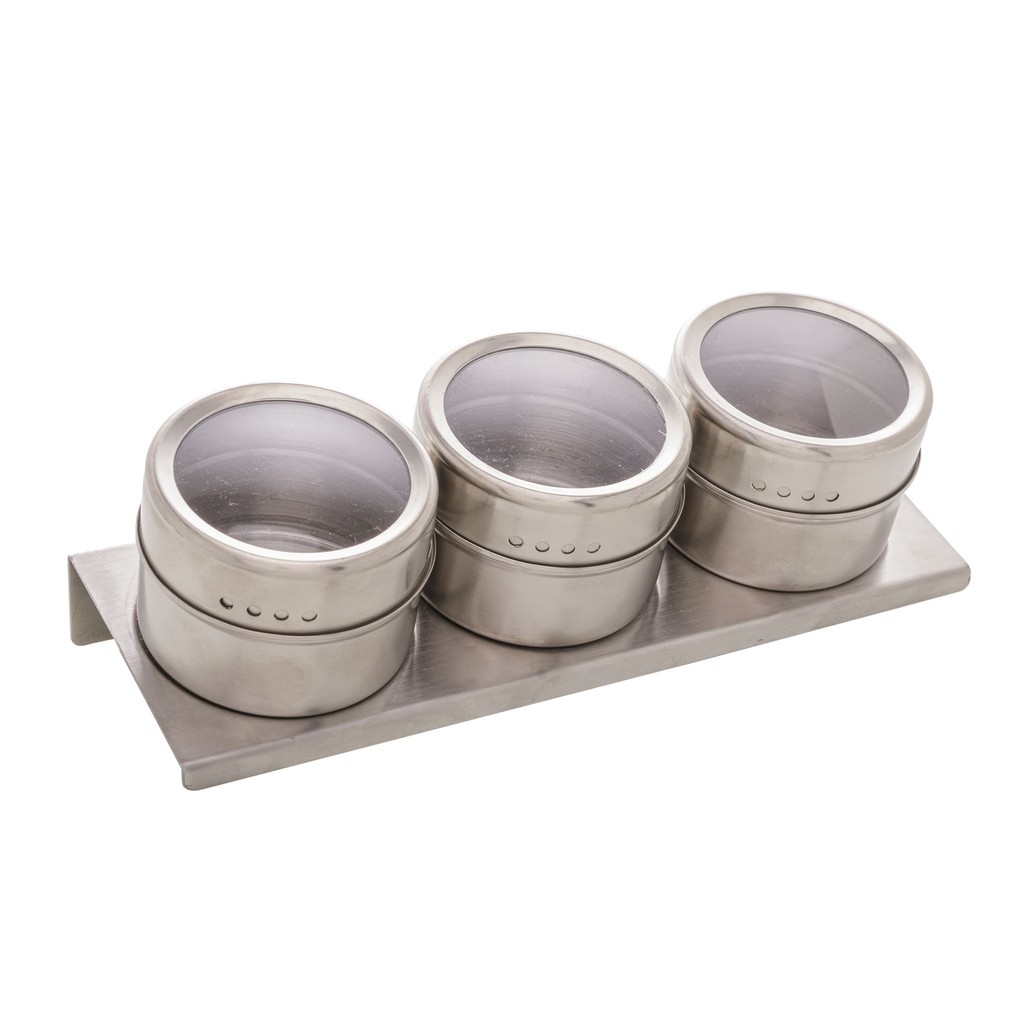 CONJUNTO 3 PORTA TEMPEROS POTE AÇO INOX C/TAMPA SUPORTE IMÃ