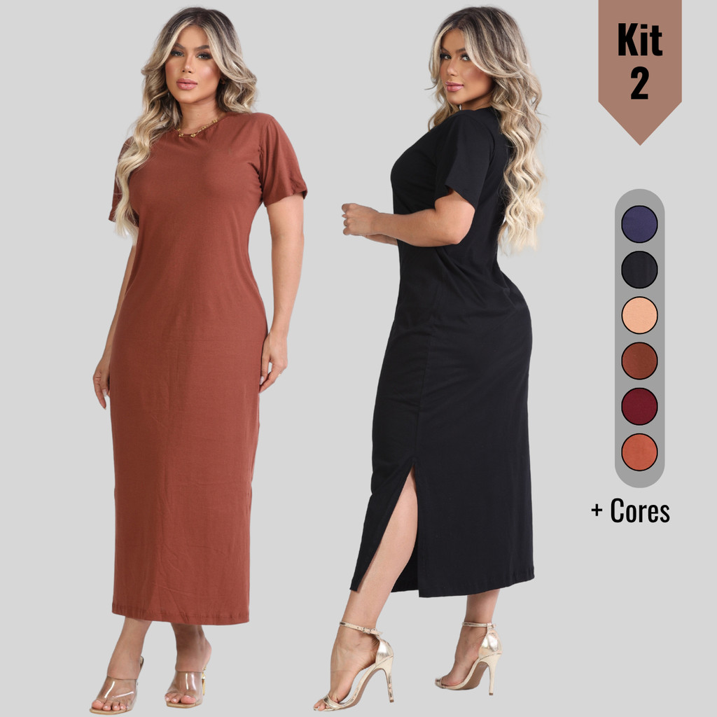 Kit 2 Vestido Longo Feminino Social Manga Curta Elegante Moda Evangélica Cristã em Oferta na Shopee