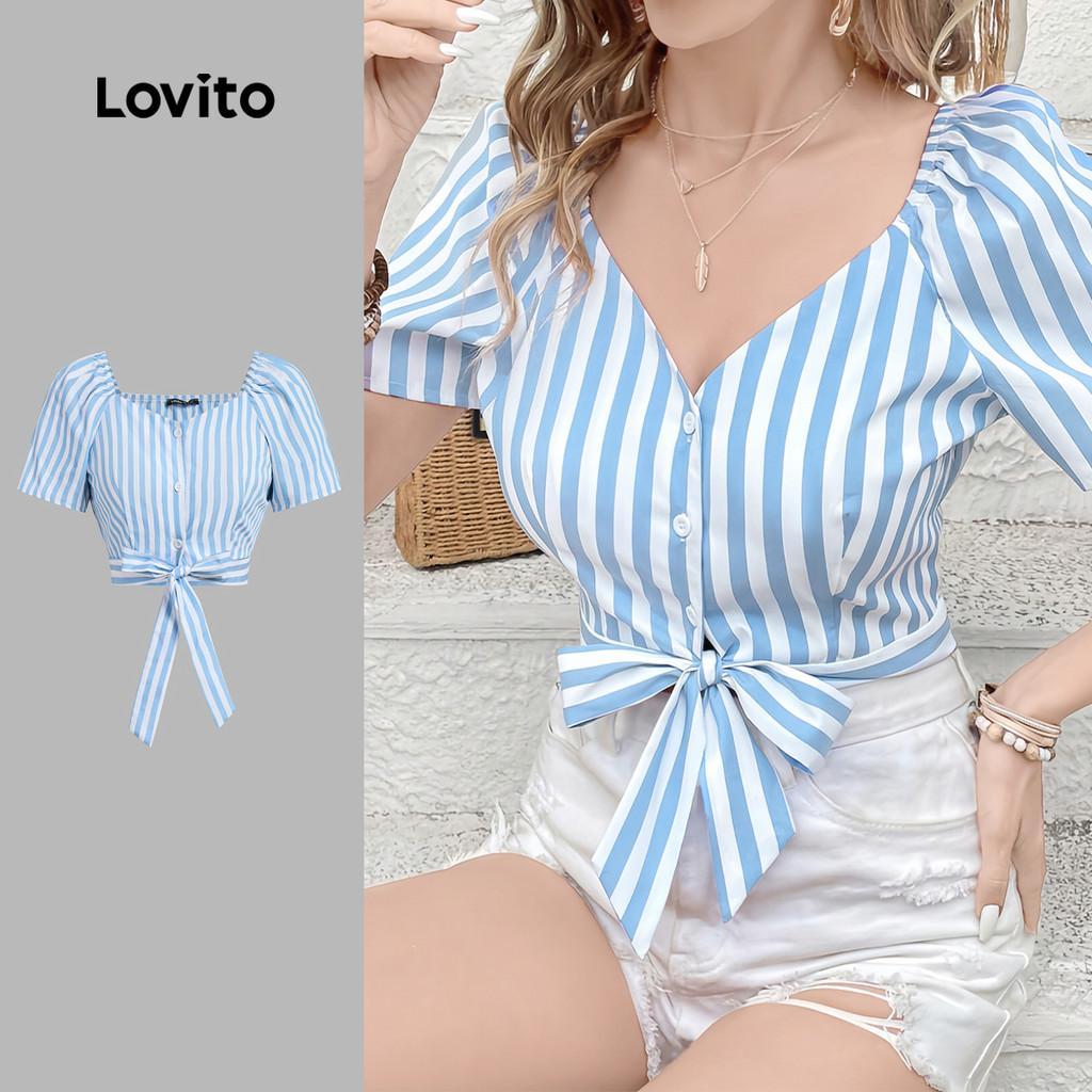 Lovito Blusa Casual Com Cadarço E Botão Primavera/Verão Blusa Azul Para Mulheres L134ED056
