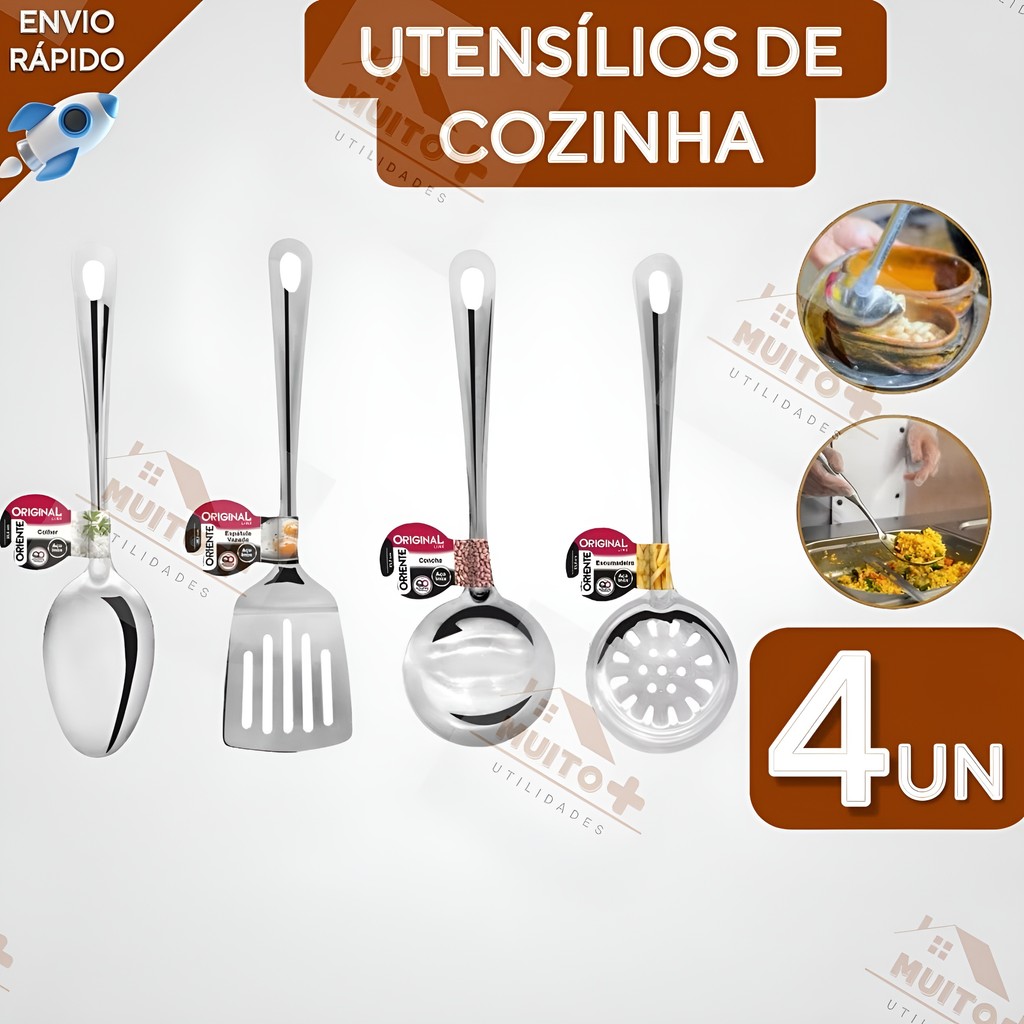 Kit 4 Peças Utilidades INOX para Cozinha Espatula Escumadeira Colher de Arroz Concha Comida Cozinha Restaurante