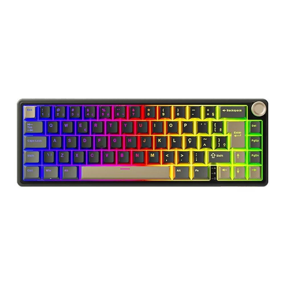 Teclado Mecanico Gamer Royal Kludge RKR65, RGB, ABNT2, Switch Marrom, Preto e Dourado,RKR65-PT-BW-POR