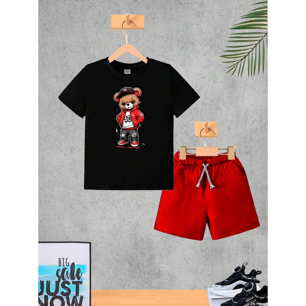 Conjunto Infantil Vermelho Urso vermelho Bone Menino Camiseta e Bermuda Roupa Criança Masculino Verão