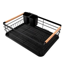 Escorredor de Louça Preto em Metal com Madeira 43x32cm – Design Moderno e Funcional - Tuut