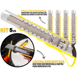 Kit 5 Estilete Profissional Trava De Segurança Lâmina Aço Carbono Para Papelão Plástico Hutz