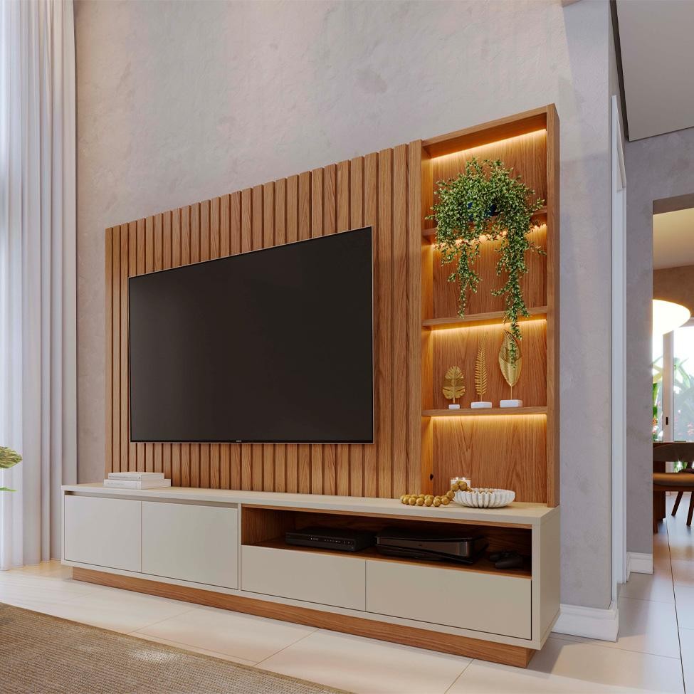 Estante para Home Theater e TV até 82 Polegadas Cancun com LED 4 Gavetas Freijó e Off White em Oferta na Shopee