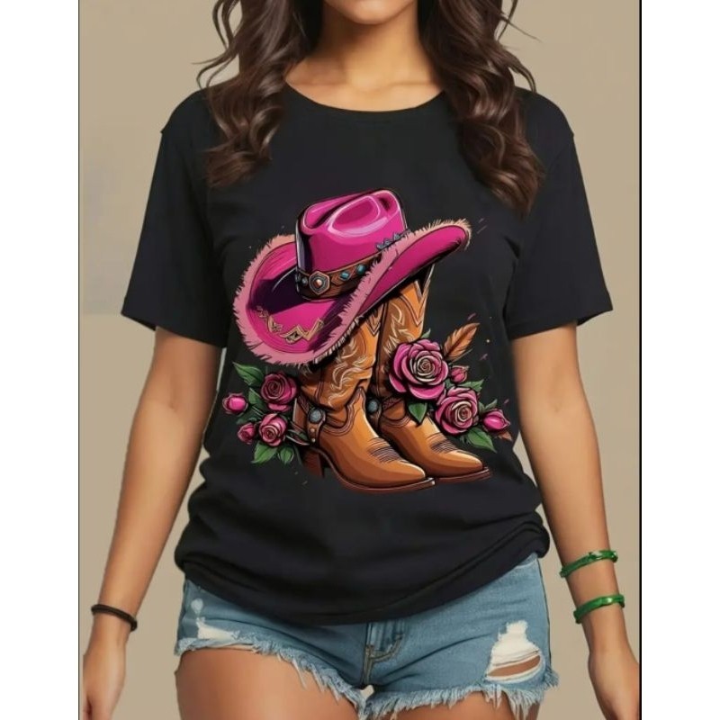 Camiseta Feminina Country botas chapel rosa Algodão