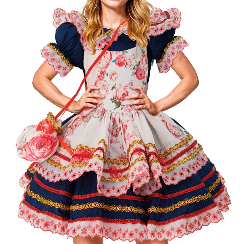 Vestido São Joao Feminino Adulto Super Luxo Festa Junina Azul Marinho com Avental Floral e Bolsinha Saia Rodada Armada