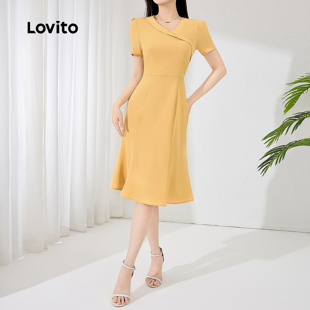 Lovito Elegante Vestido Amarelo Primavera/Verão Com Estrutura Lisa Para Mulheres L134ED014 - Women Clothes