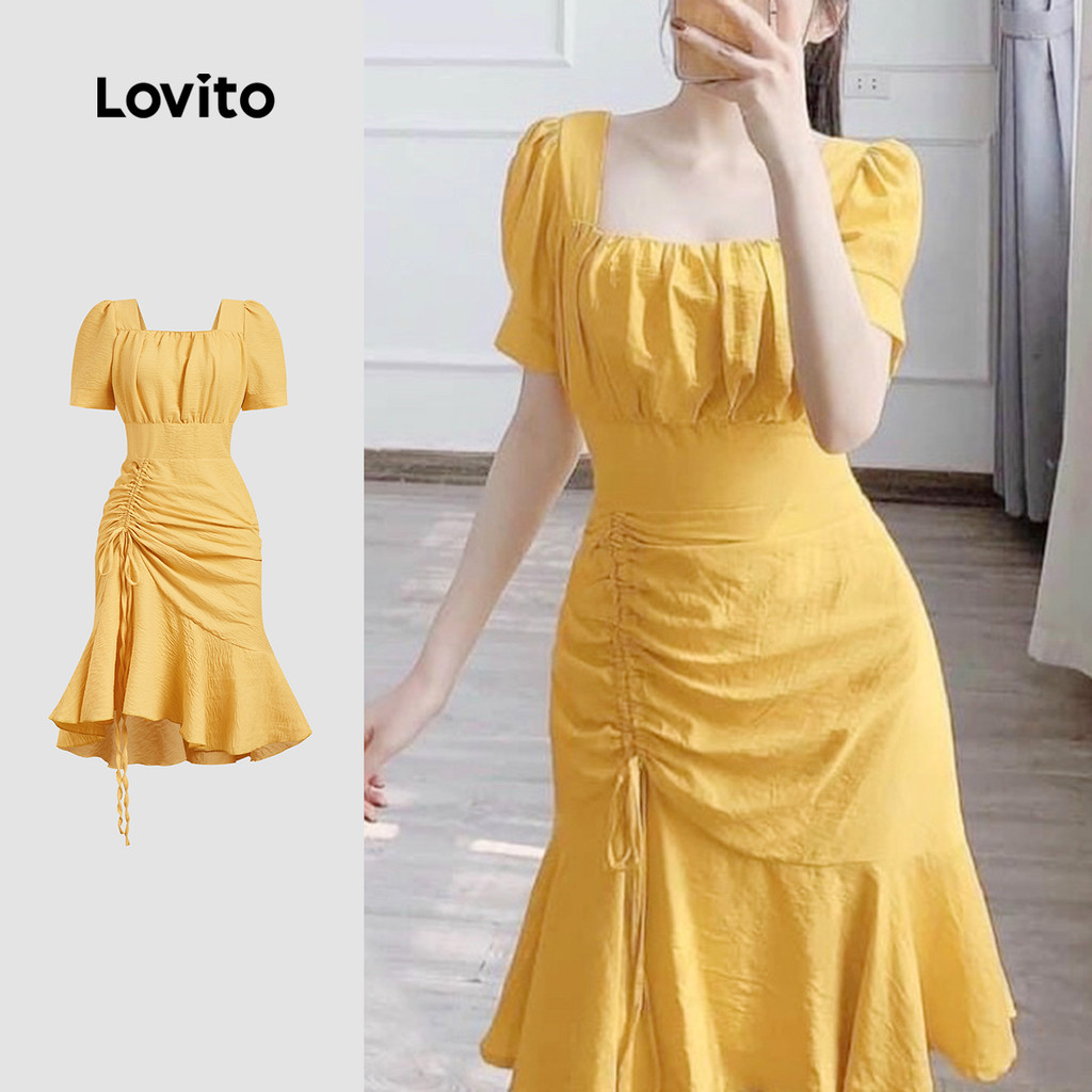 Lovito Elegante Vestido Amarelo Com Cordão E Babados Na Bainha Primavera/Verão Para Mulheres L134LD131 - Women Clothes