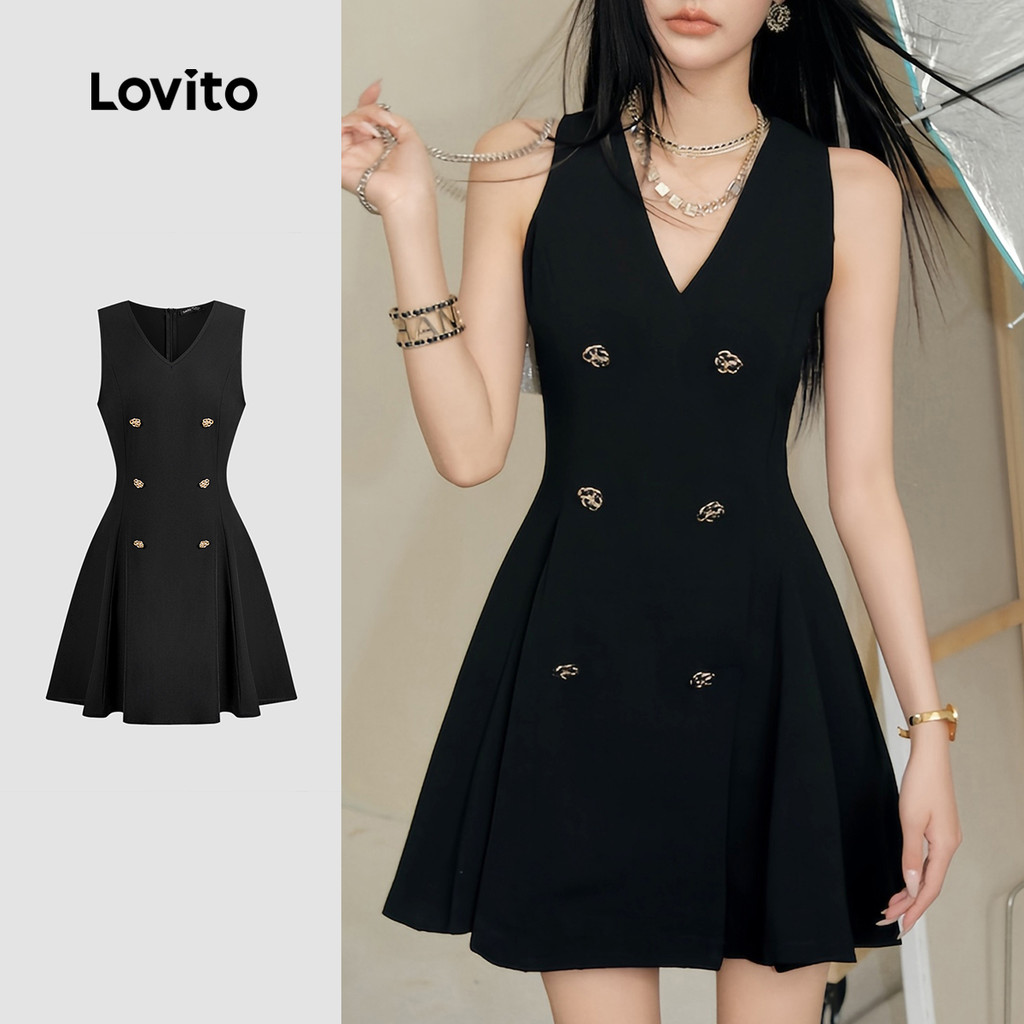 Lovito Vestido Elegante Preto Liso Com Botão Frontal Para Mulheres L135AD890 - Women Clothes