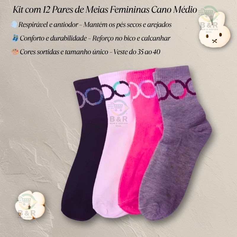 Kit 3/6/12 Pares de Meias Feminina Cano Médio Confortável Casual e À Moda Tamanho 35-40 em Oferta na Shopee