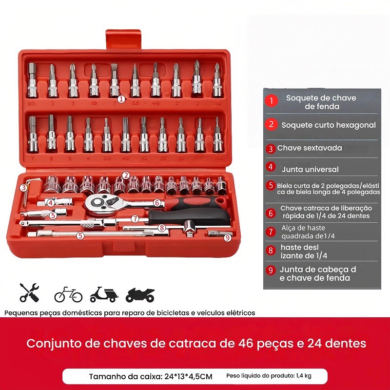 Kit de Ferramentas 46 Peças com Soquetes e Chave Catraca Reversível – Ideal para Carros, Motos e Reparos Domésticos