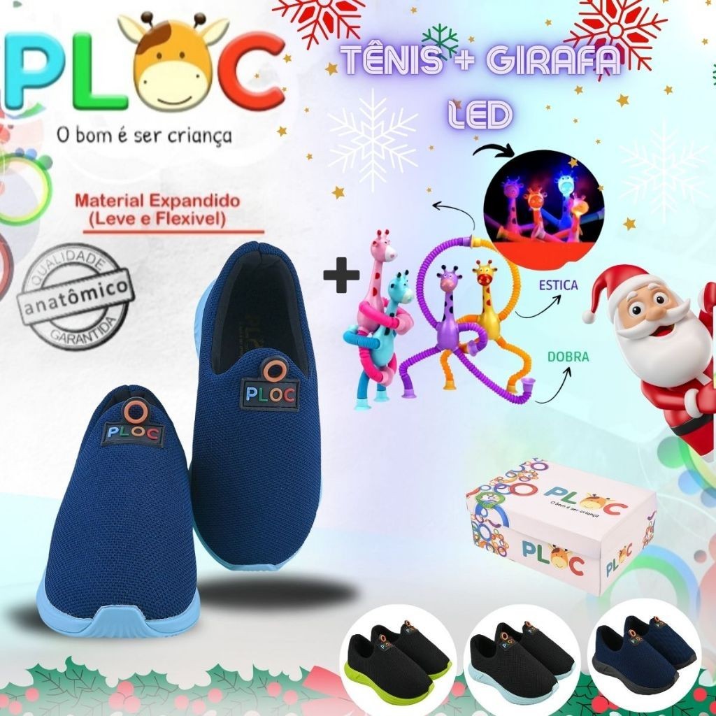 Kit Divertido Ploc - Tênis Calce Fácil Anatômico+ Girafa Ploc LED Estica e Puxa Menino