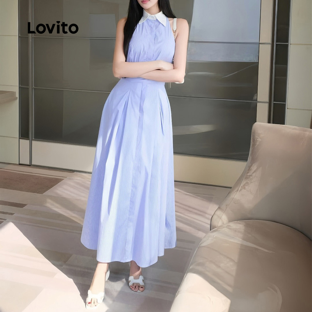 Detalhes do Lovito Vestido Casual Colorblock Geométrico Verão/Primavera Vestido Azul Para Mulheres L134ED772