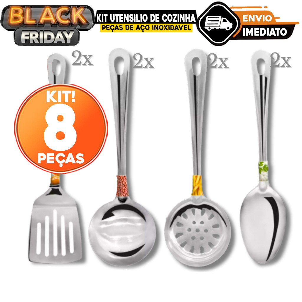 Kit Utensilio de Cozinha 8 Peças 100% Aço Inox Concha Escumadeira Espatula Colher Cozinha