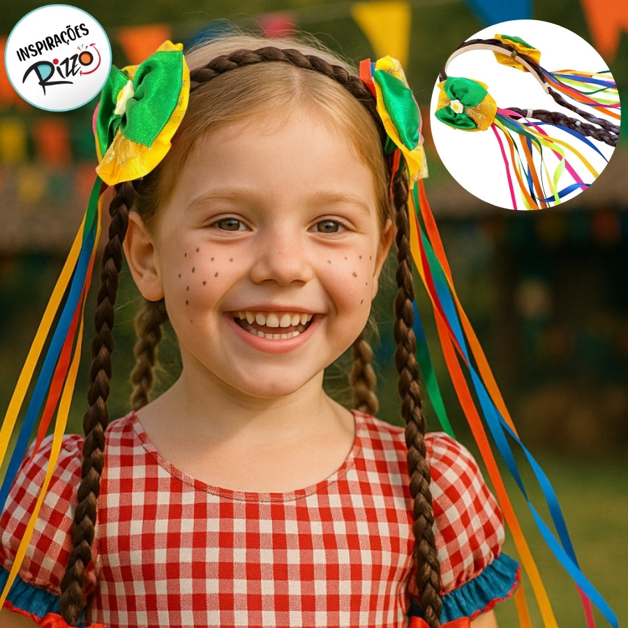 Tiara Com Cabelo e Fitas Coloridas De Festa Junina  - Laço Amarelo - 1 unidade - Rizzo em Oferta na Shopee