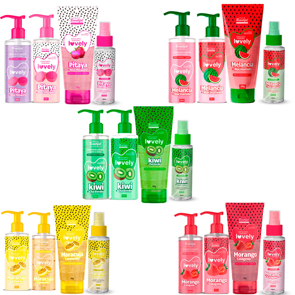 kit Corpo e Cuidados Esfoliante+Sabonete+Hidratante+Body Splash Lovely Face Beautiful