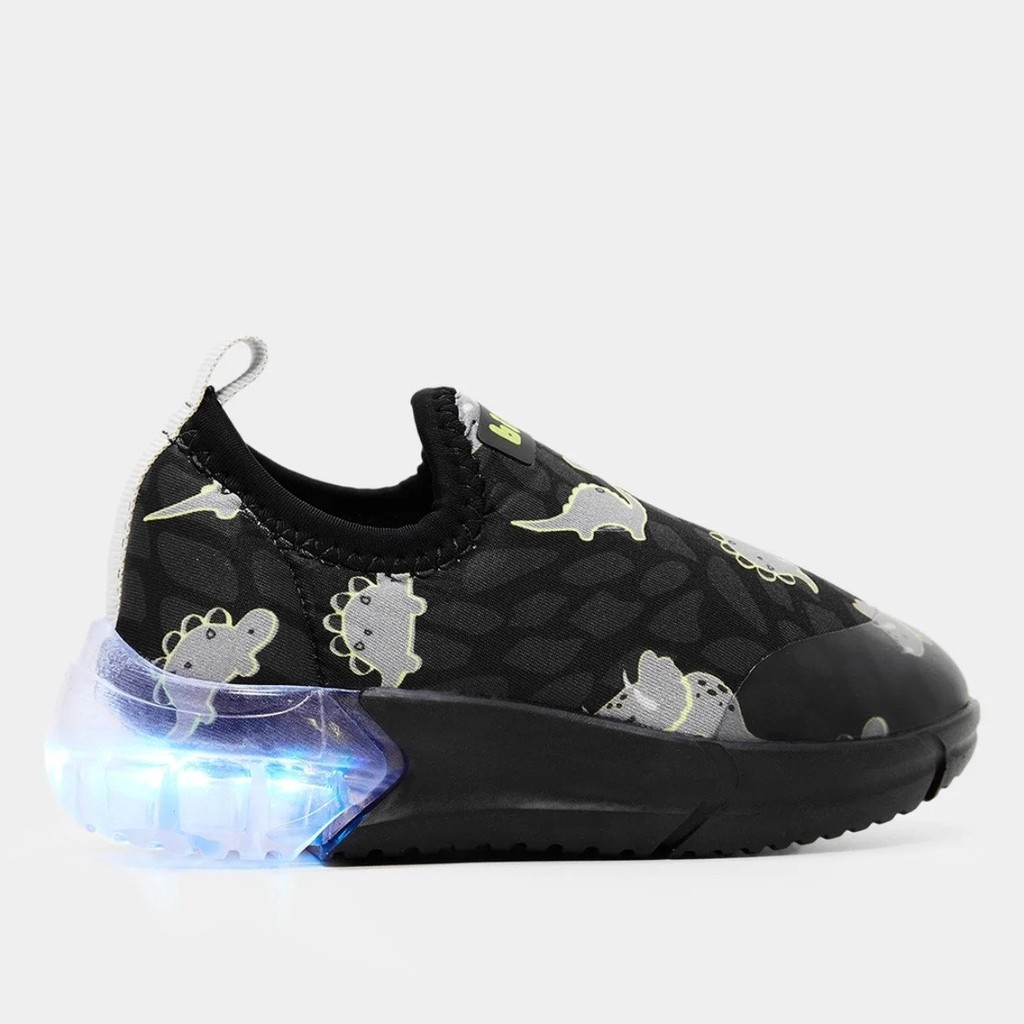 Tênis Meninos Com LED Estampado Dinossauro Bibi - Preto