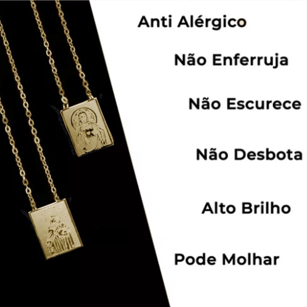 Corrente de Aço Inox Escapulário Nossa Senhora do Carmo Sagrado Coração de Jesus Dourado — imagem 2 de 2
