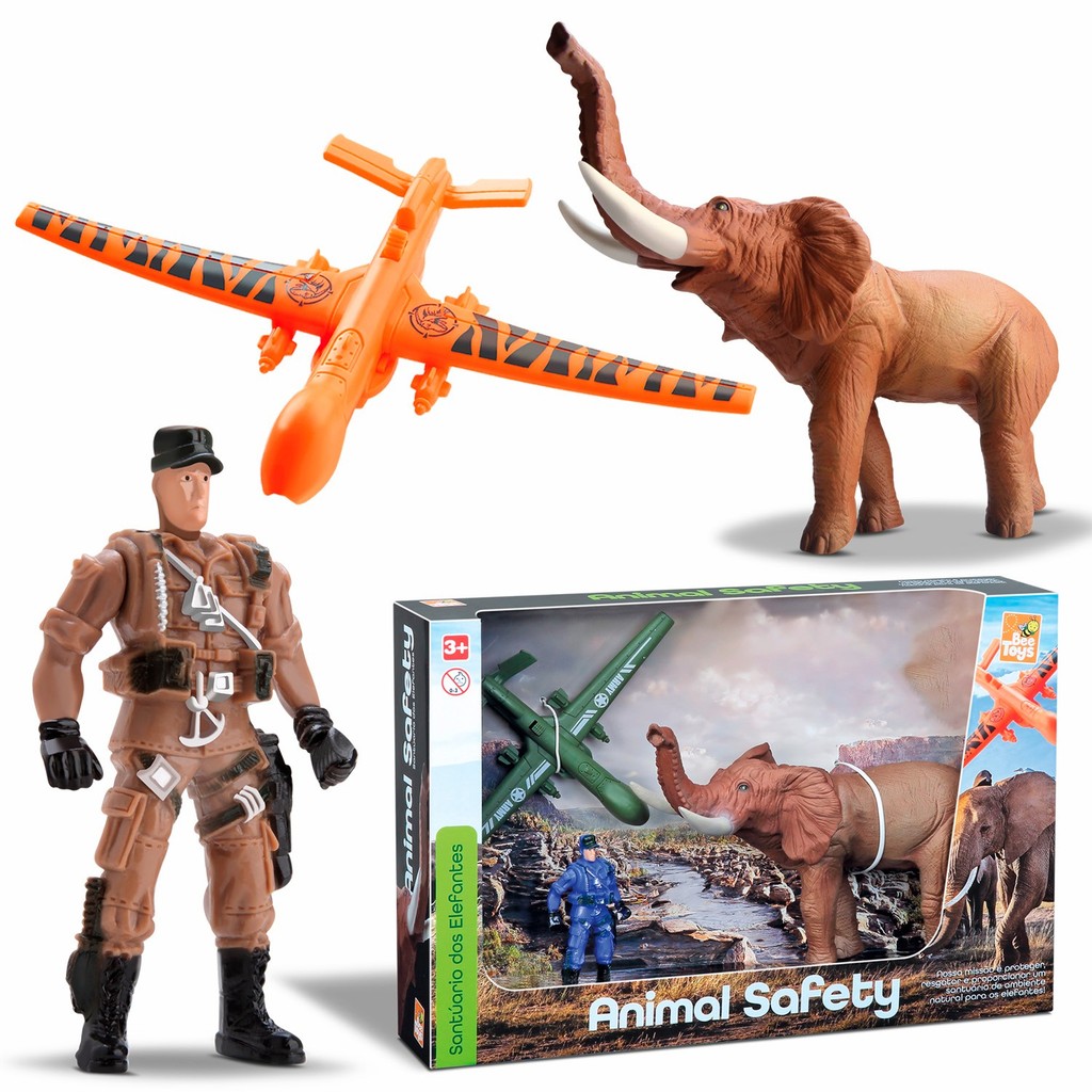 Boneco Animal Safety Com Avião Soldado E Elefante Para Proteger A Natureza - Bee Toys
