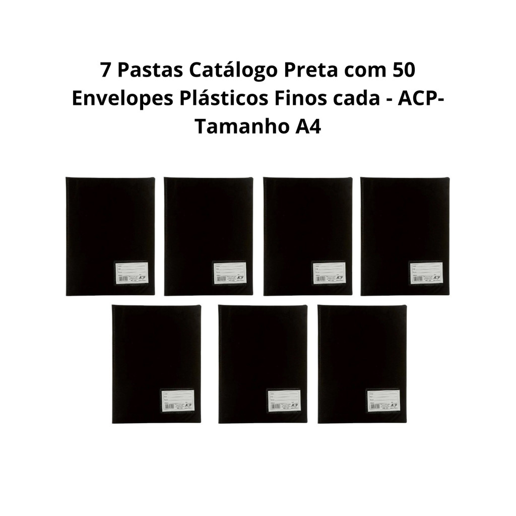 7 Pastas Catálogo Preta com 50 Envelopes Plásticos Finos cada - ACP- Tamanho A4