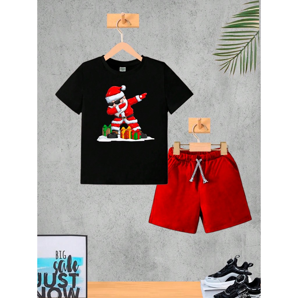 Conjunto Infantil Vermelho Noel Lado Menino Camiseta e Bermuda Roupa Criança Masculino Verão