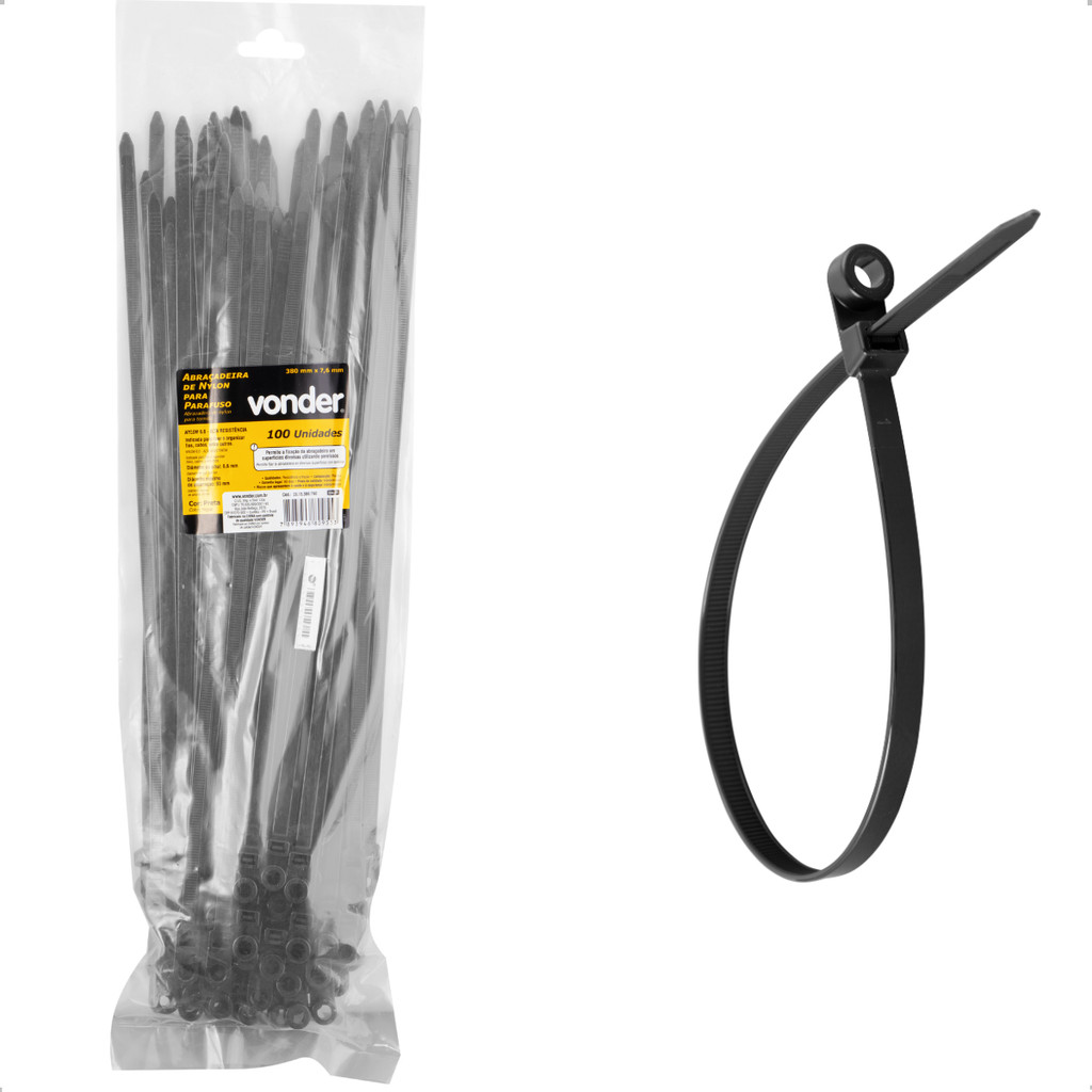 Abraçadeira Nylon Parafusos 380 x 7,6 Preta com 100 Peças Vonder - Home & Living