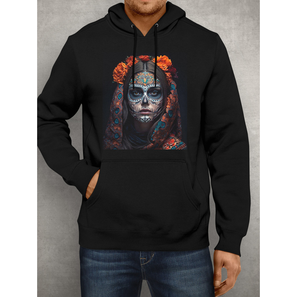 Casaco Moletom Dia de Los Muertos Caveira Mexicana com Capuz e Bolso Preto Feminino Masculino