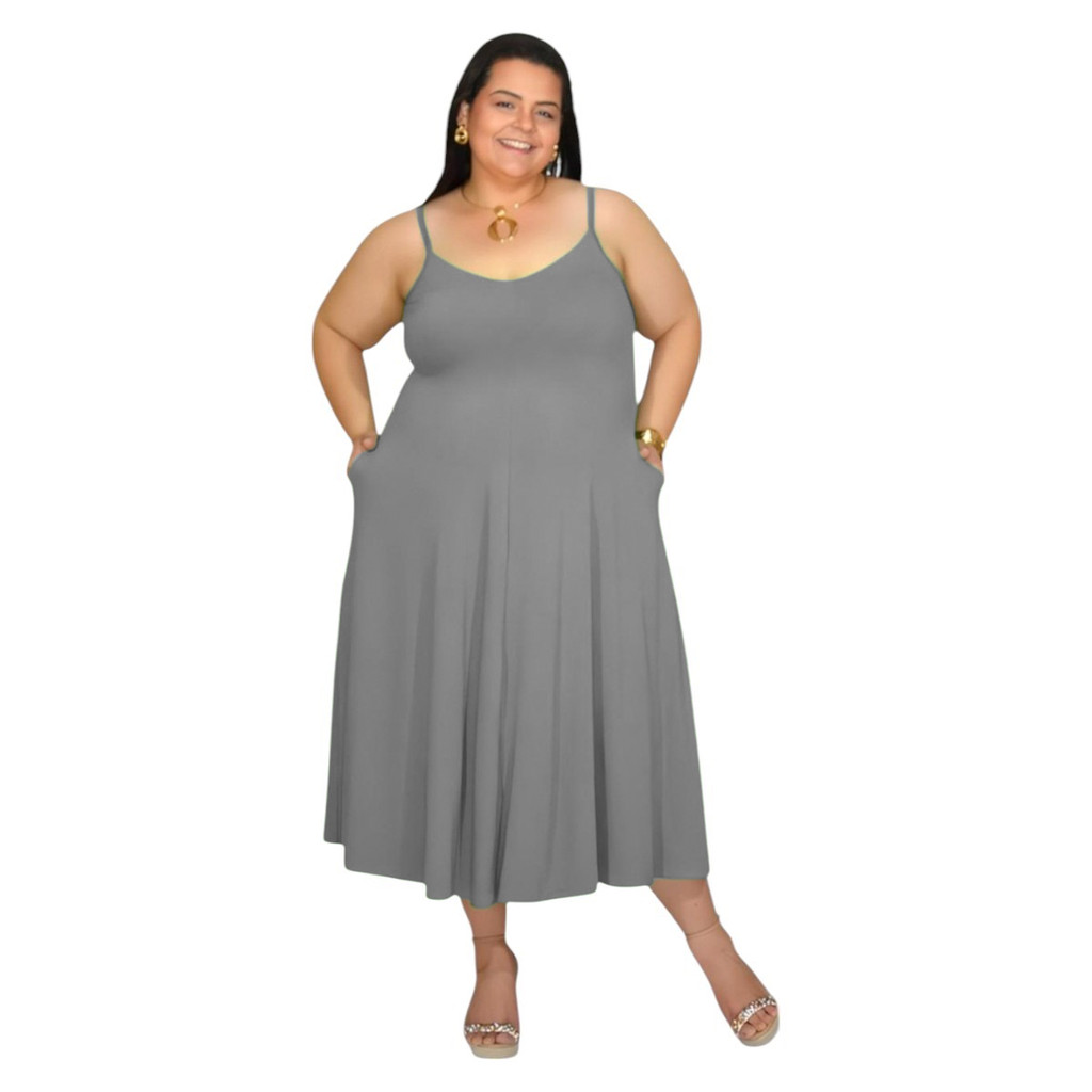 Vestido Feminino Liso Plus Size Estilo Midi Moda Evangélica com Bolsos Caimento Solto