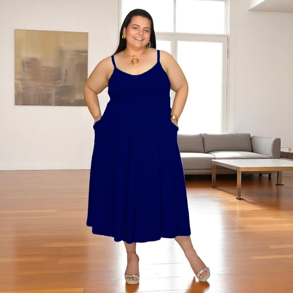 Vestido Feminino Plus Size Midi Casual Decote V Alça Fina Soltinho Elegante