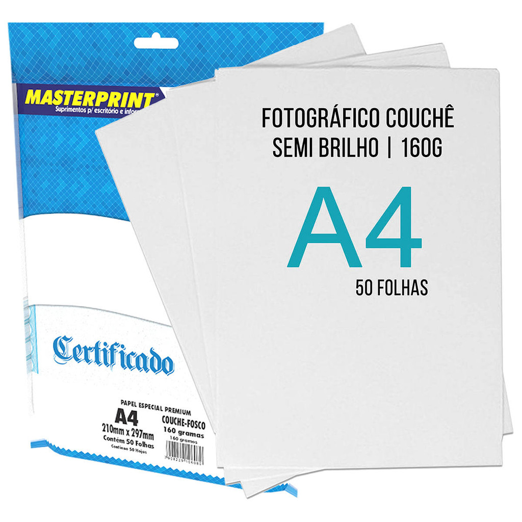 Papel Couche A4 160g Semi Brilho Impressora Laser Masterprint Pacote 50 Folhas