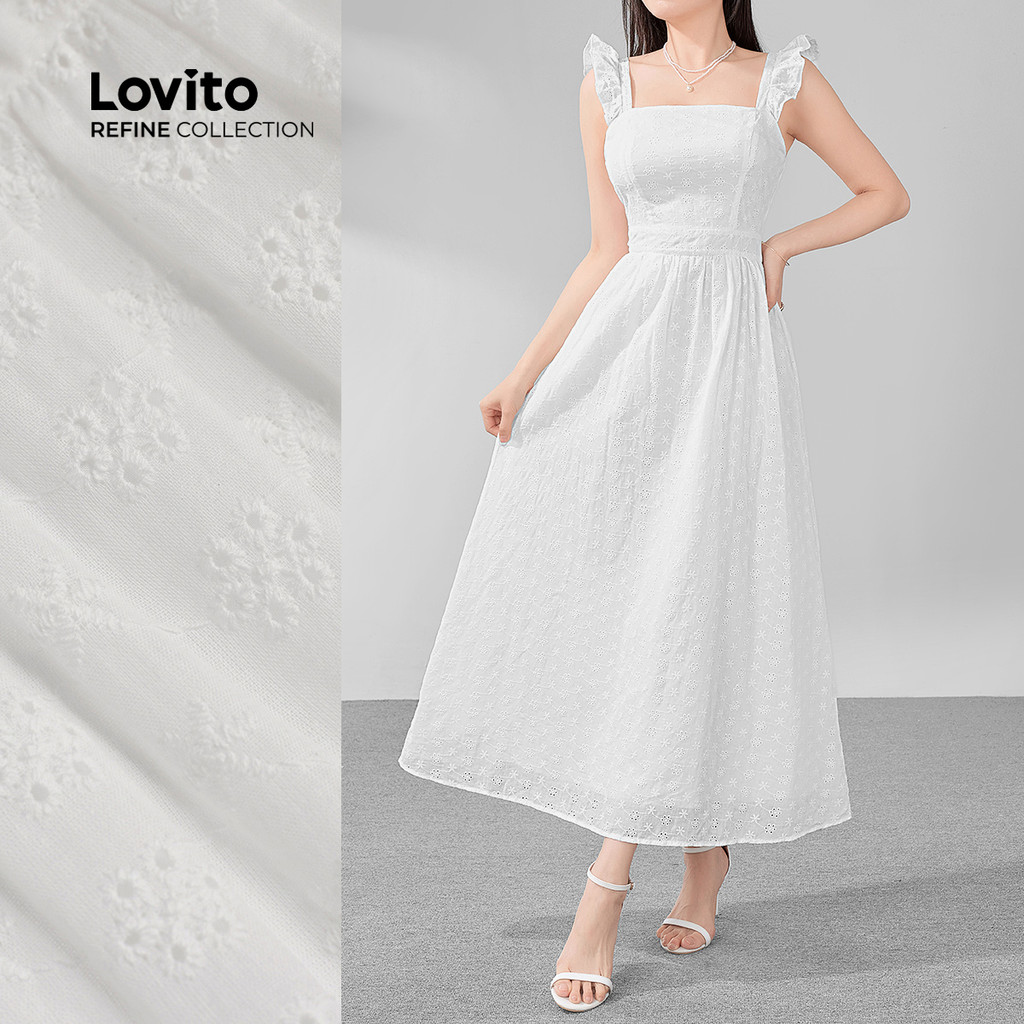 (Lovito Refine) Vestido Branco Elegante Com Babados Lisos E Ombros Frios Para Mulheres LR11ED082 - Women Clothes