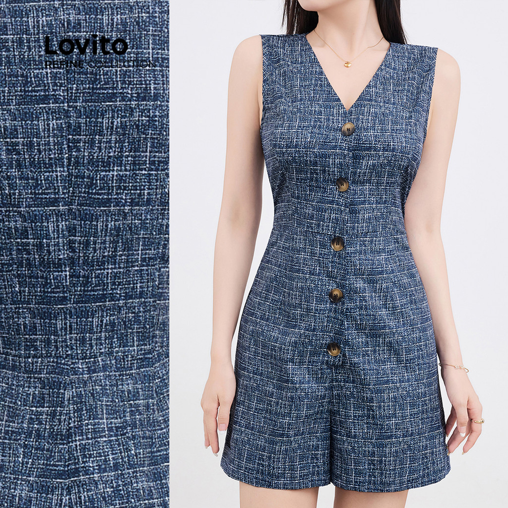 Lovito Macacão Casual Liso Com Botão Frontal Primavera/Verão Preto Para Mulheres L135A2D167 - Women Clothes