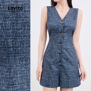 Lovito Macacão Casual Liso Com Botão Frontal Primavera/Verão Preto Para Mulheres L135A2D167 em Oferta na Shopee