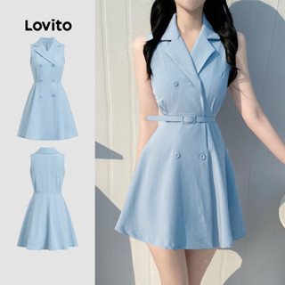 Lovito Vestido Elegante Com Botão Primavera/Verão Vestido Azul Para Mulheres L134ED265 em Oferta na Shopee