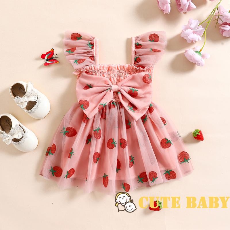 Eph-Vestido Infantil Bebê De Tule Para Meninas Manga Babado Gola Quadrada Estampa De Morango De Princesa,0-4 Anos em Oferta na Shopee