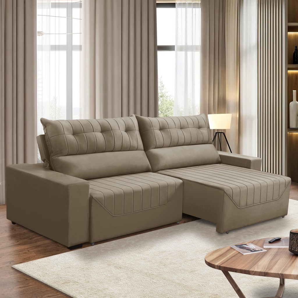 Sofá Retrátil e Reclinável 5 Lugares 3,00m Antonella Veludo Capuccino Adonai Estofados em Oferta na Shopee