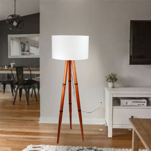Luminária Piso Abajur Chão Pés Torneados Madeira Maciça Cúpula Palha ou Preto Bivolt