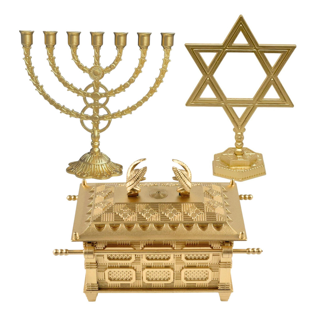Kit Arca Da Aliança 18cm+ Candelabro Menorá  7 velas 25cm+ Estrela De Davi Israel 24cm