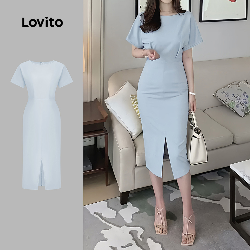 Lovito Vestido Casual Liso Dividido Na Frente Primavera/Verão Azul Para Mulheres L134ED962 - Women Clothes
