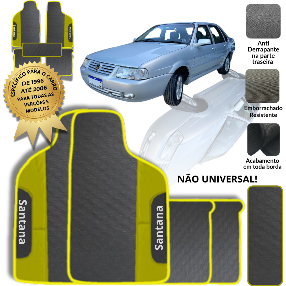 Jogo Tapete Santana 1996 a 2006 5 Peças Emborrachado Amarelo com Túnel Antiderrapante Lavável