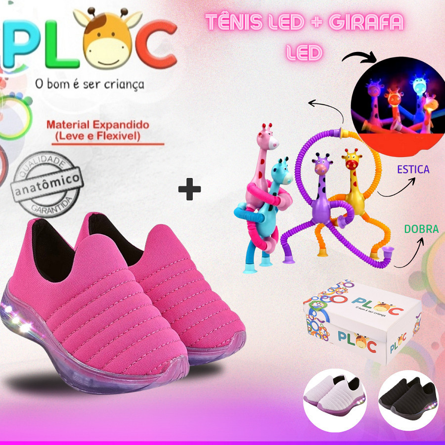Kit Divertido Ploc LED - Tênis LED + Girafa Ploc LED Estica e Puxa PINK MENINA