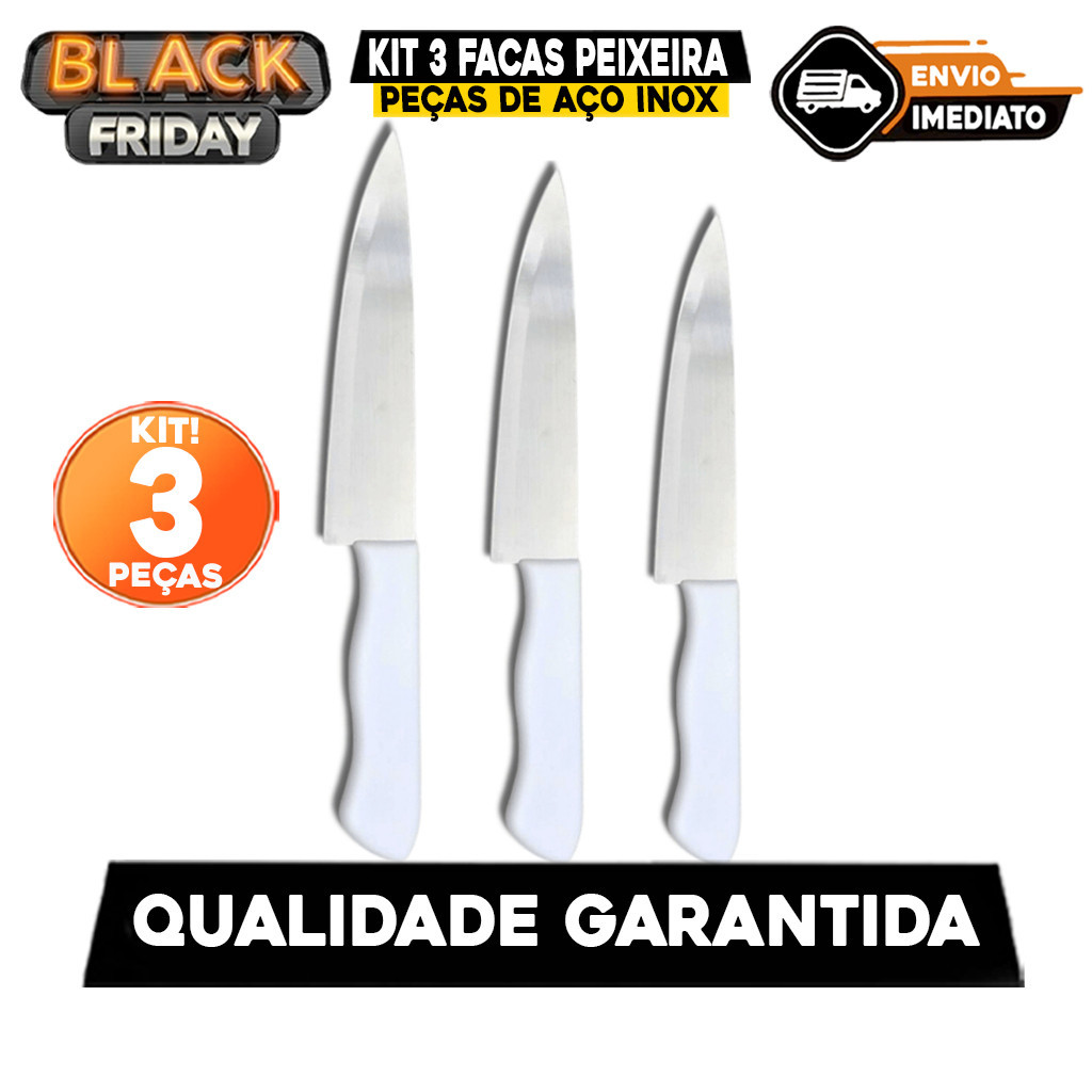 Imagem Kit 3 Facas Peixeira Inox Profissional 7” 6” 5” Cabo Branco Para Cozinha e Churrasco