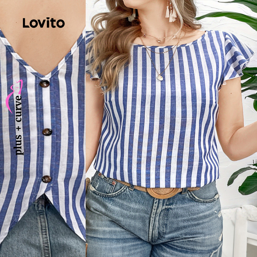 Lovito Blusa Plus Size Curva Casual Listrada Com Botão Primavera/Verão Azul Escuro Para Mulheres LNE103017 - Women Clothes