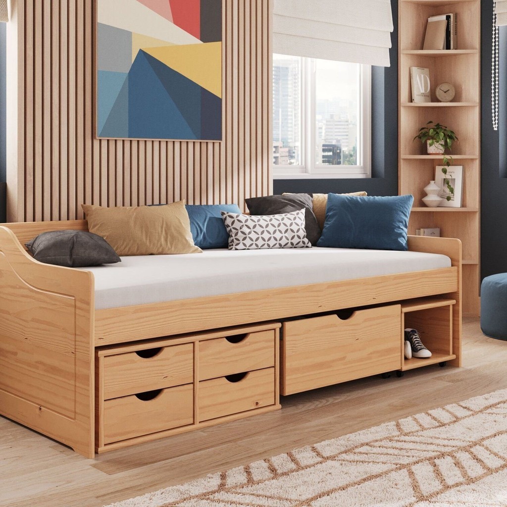 Cama Solteiro com 5 Gavetas Madeira Maciça Floro Natural Pine em Oferta na Shopee