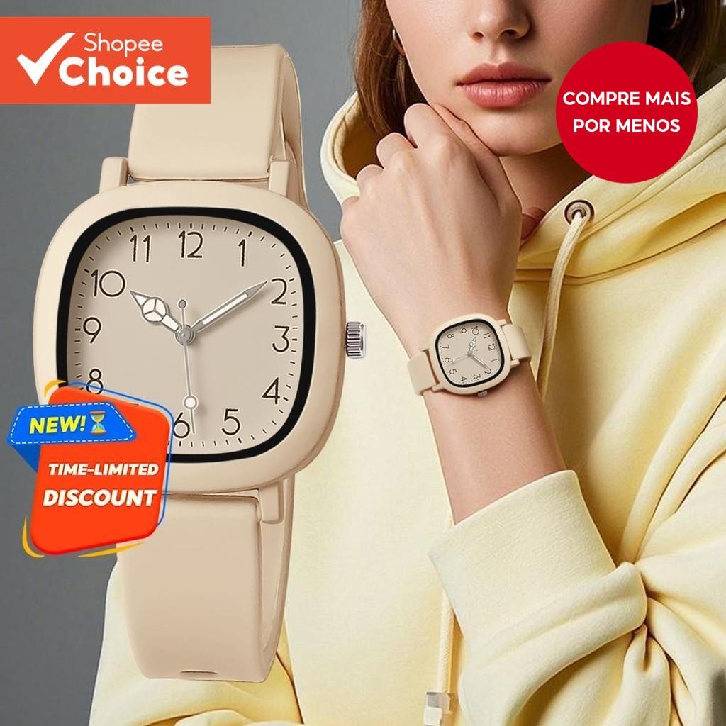 Elegante Relógio Feminino Quadrado Mãos Algarismos Arábicos Pulseira De Silicone Mostrador...