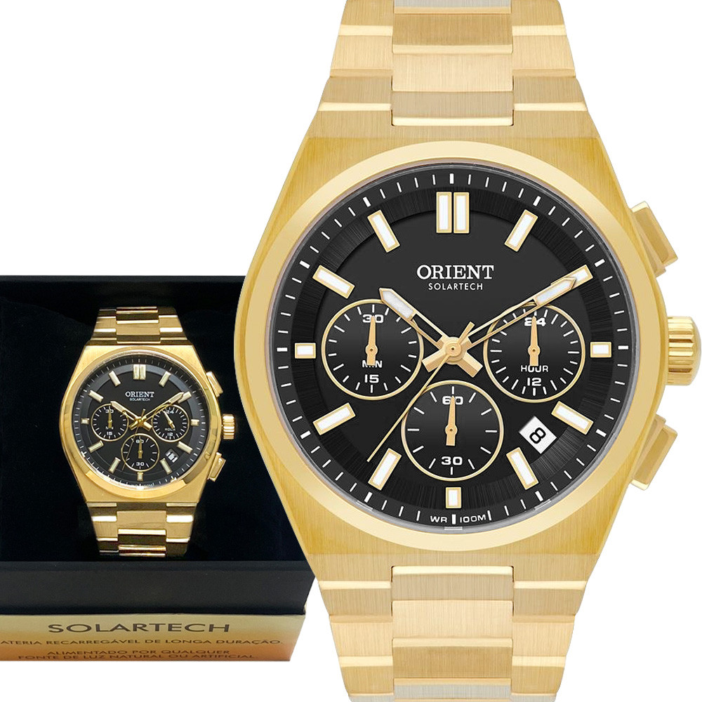 Relógio Orient Masculino Solartech Dourado Cronógrafo Luxo